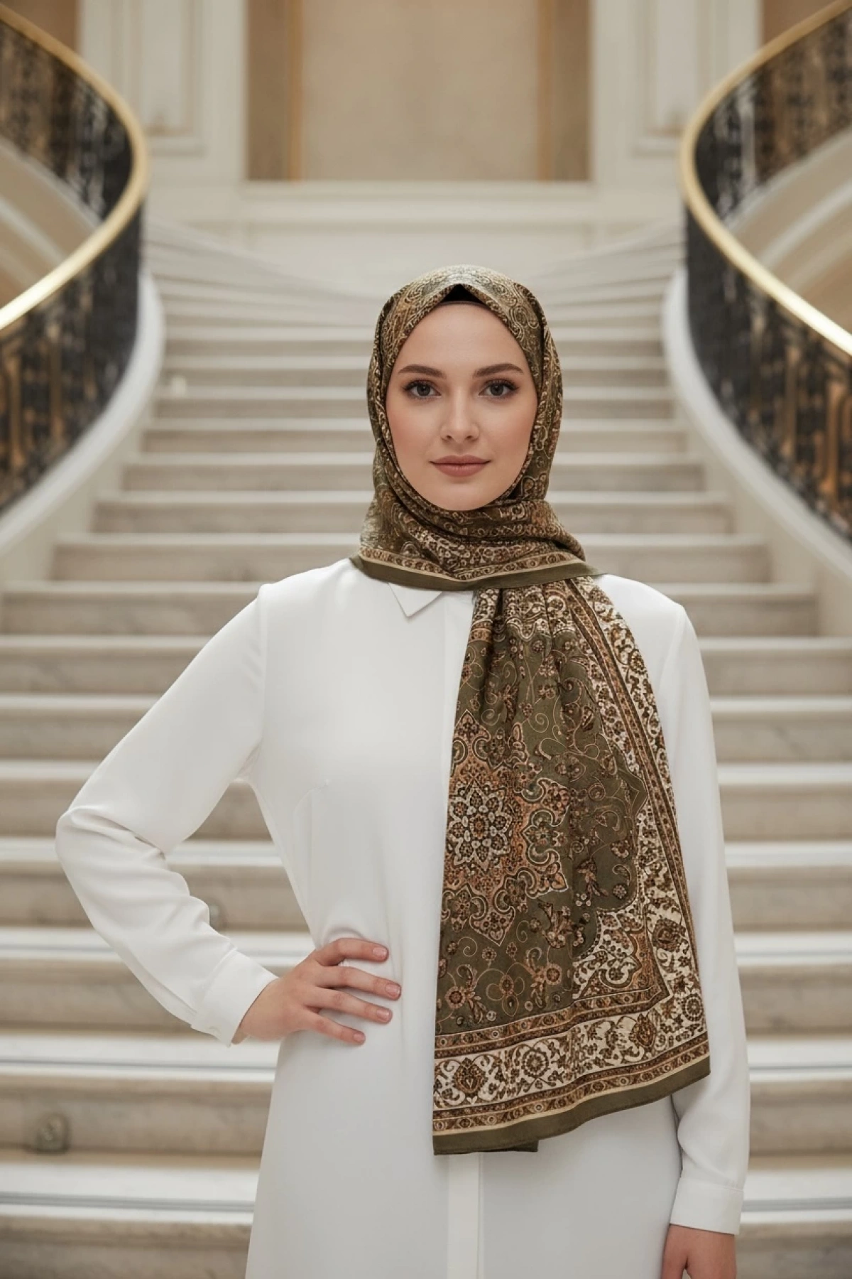 Olivera - Paisley Desenli Şal - Haki