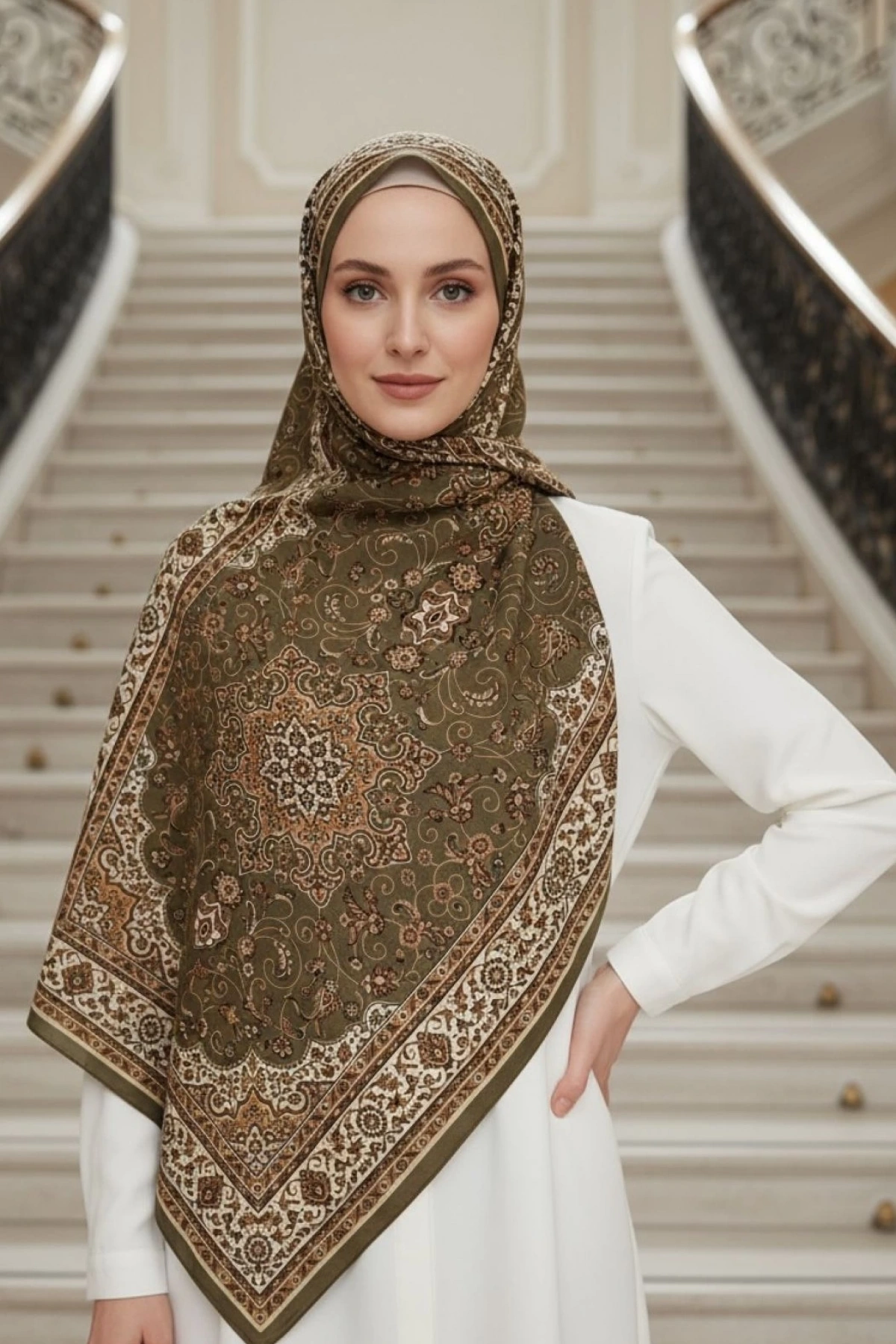 Olivera - Paisley Desenli Şal - Haki