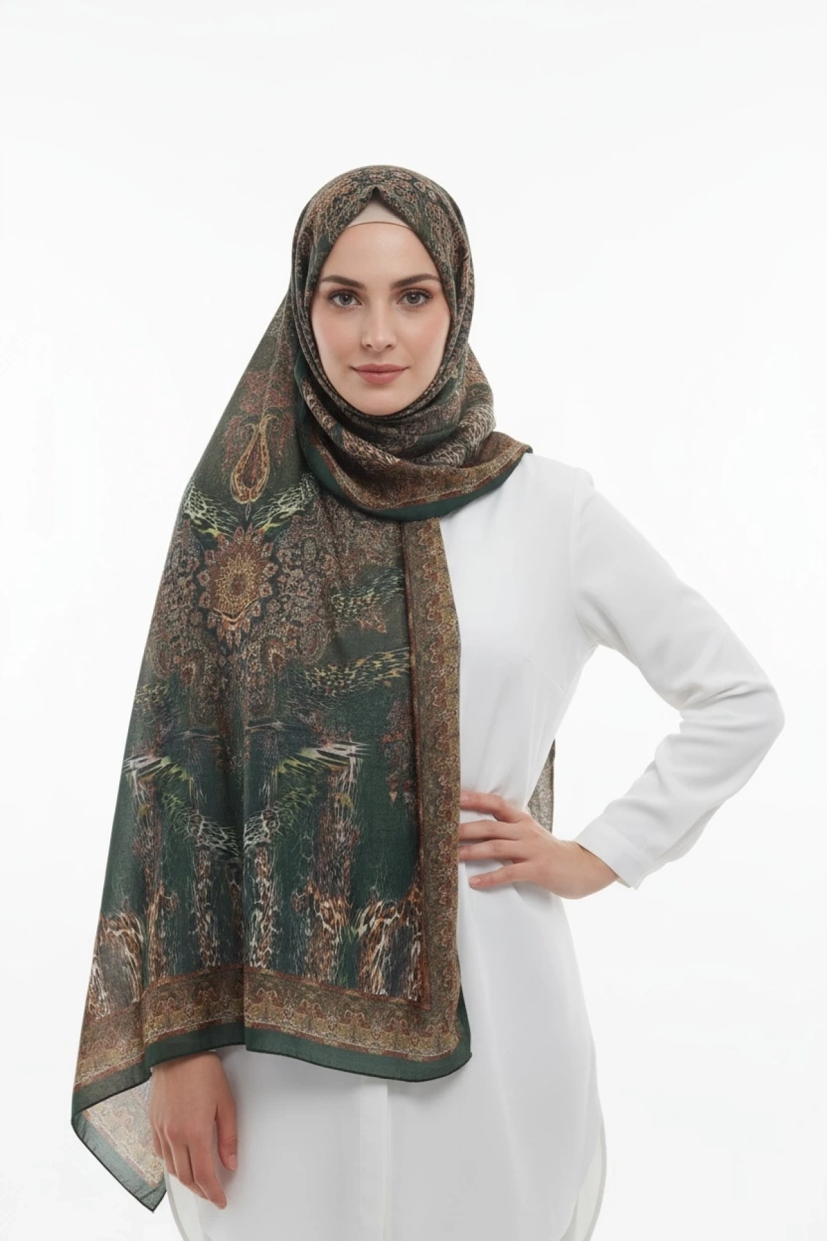 Liora - Retro Leoparlı Desen Şal - Koyu Yeşil