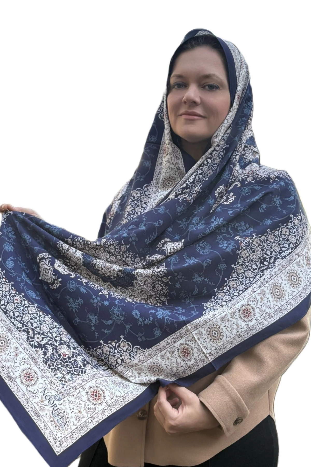 Mirabel - Floral ve Geometrik Desenli Şal - Lacivert