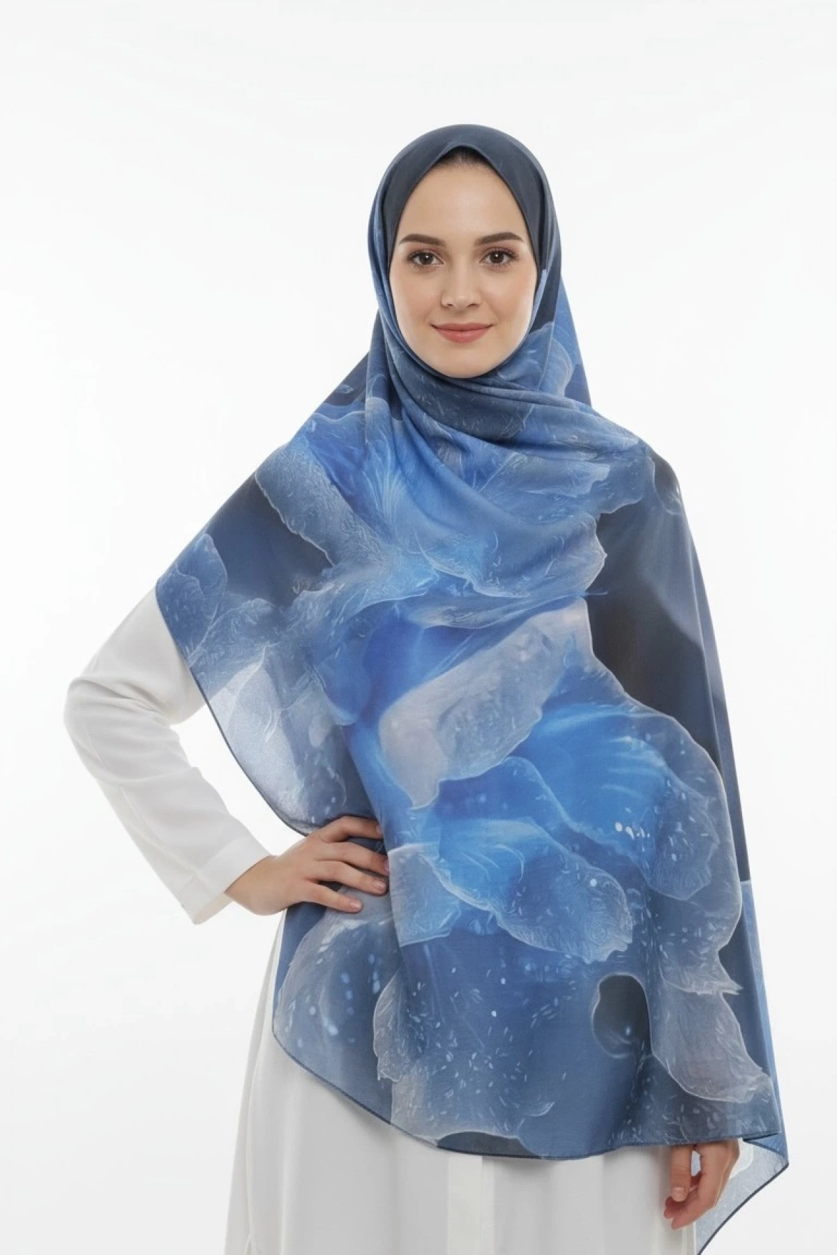 Mireya - Çiçekli Floral Desenli Şal - Mavi