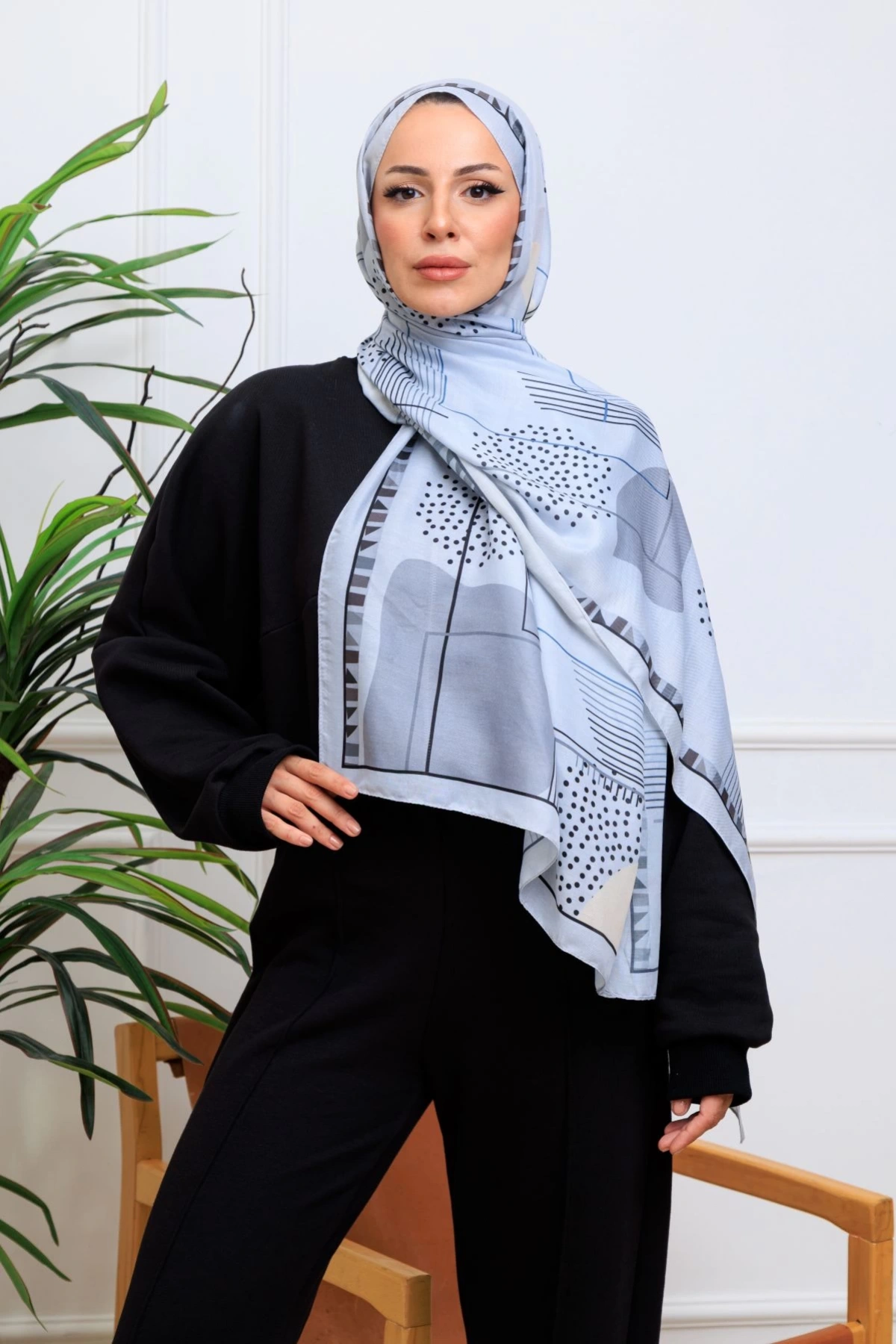 Modra Geometrik Desenli Şal - Buz Mavisi