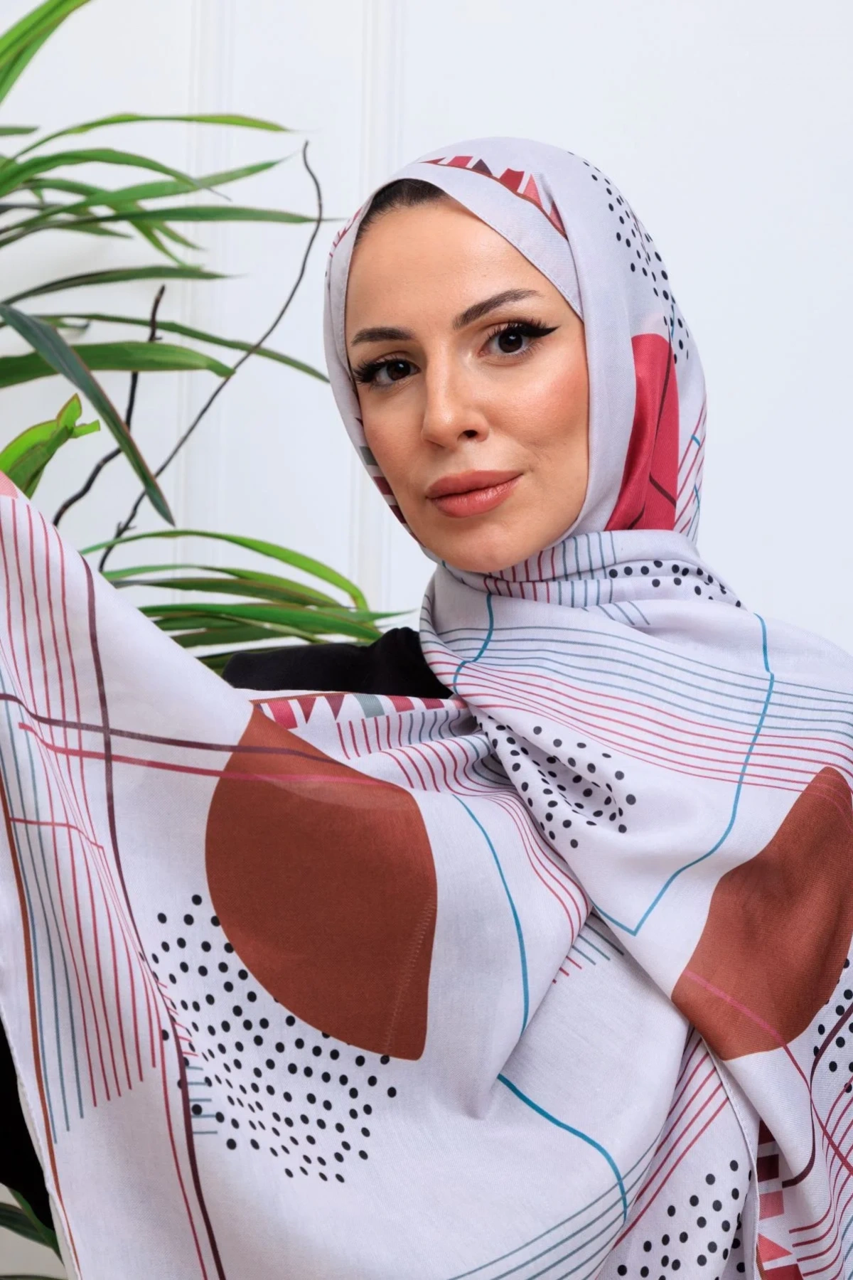 Modra Geometrik Desenli Şal - Vişne