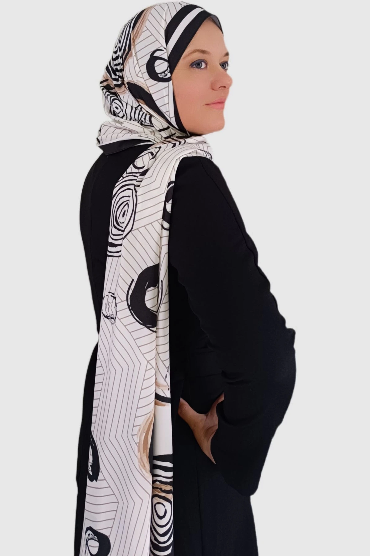 Zerun – Spiral ve çizgisel desenli şal - Bej