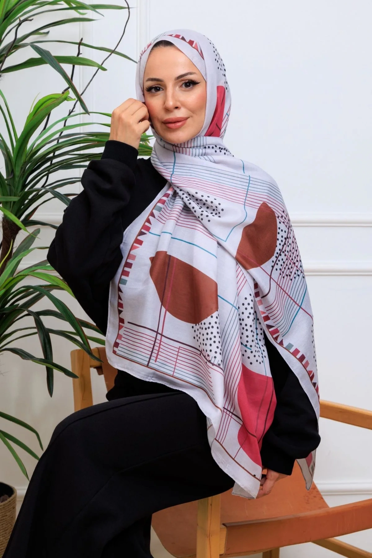 Modra Geometrik Desenli Şal - Vişne