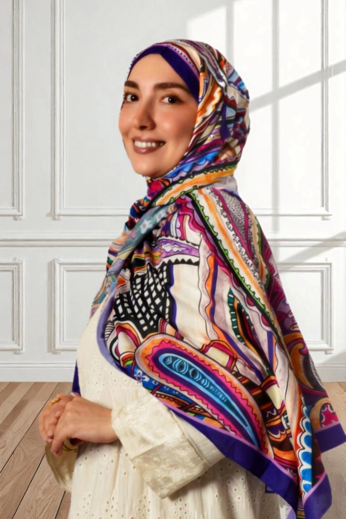 Rava Çok Renkli Soyut Motifli Şal - Mor