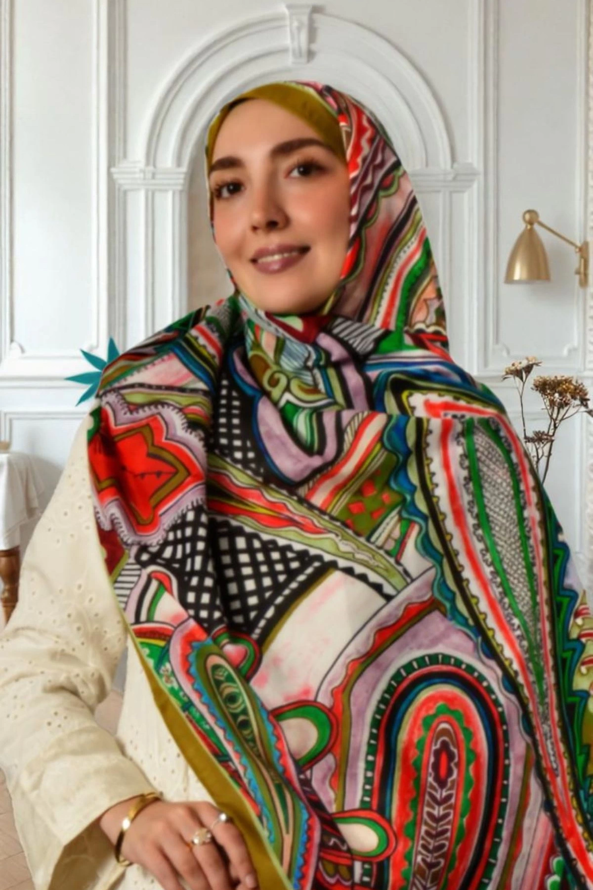 Rava Çok Renkli Soyut Motifli Şal - Yeşil