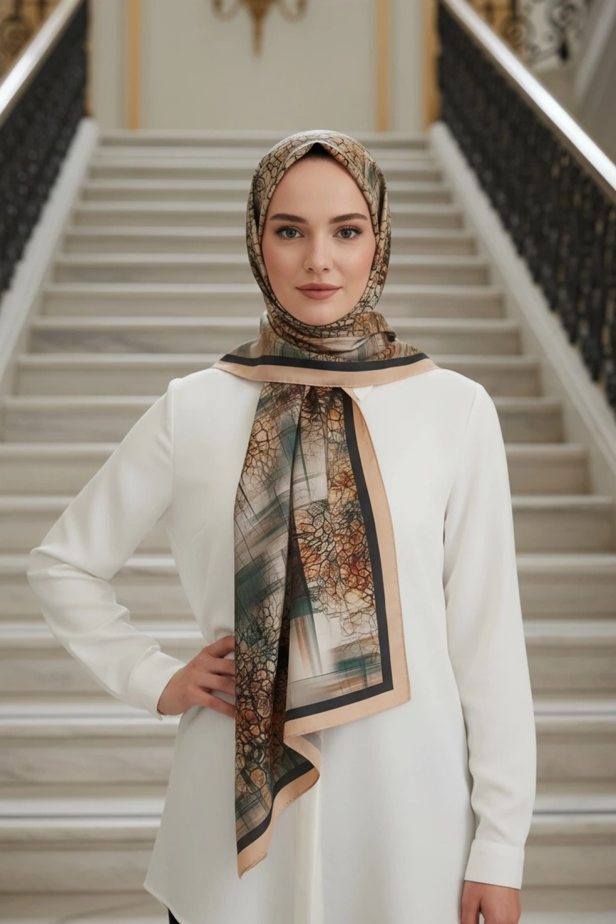 Kavira - Soyut Desenli Şal - Yavruağzı