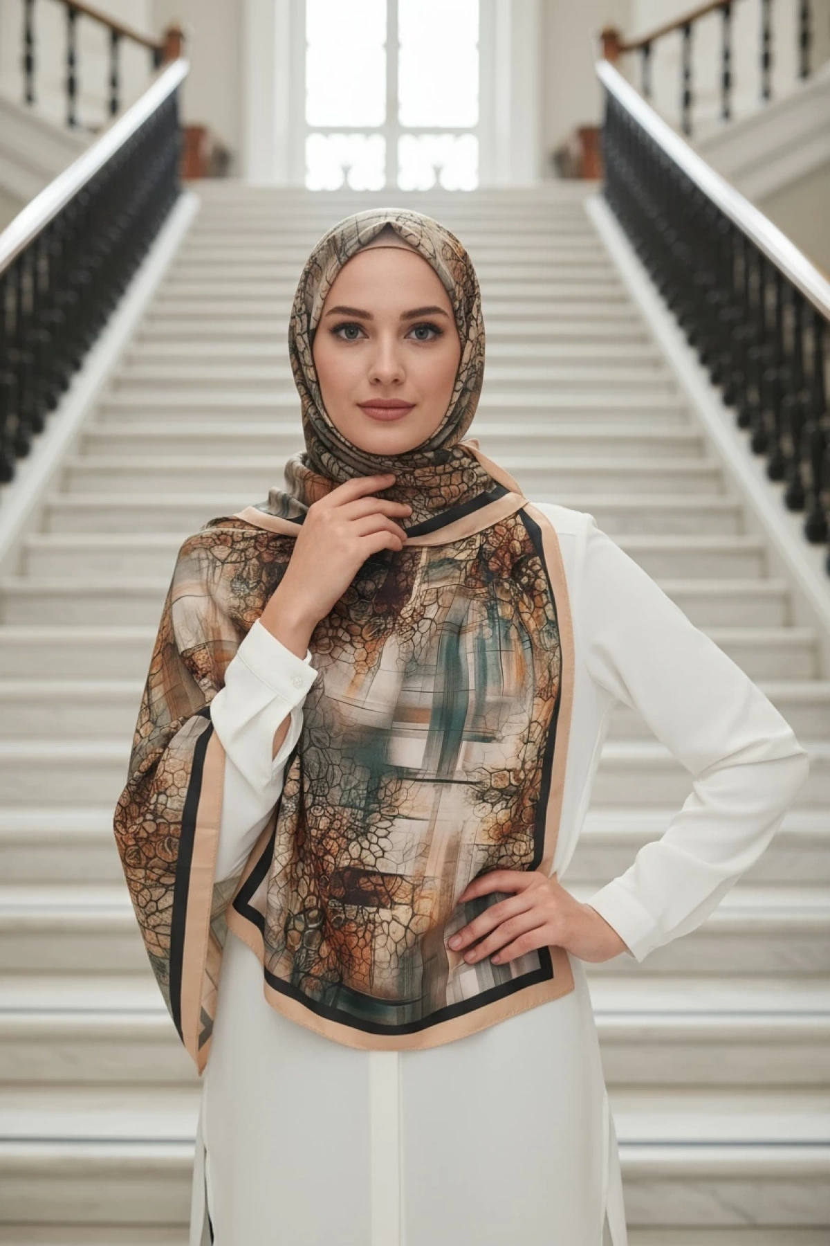 Kavira - Soyut Desenli Şal - Yavruağzı