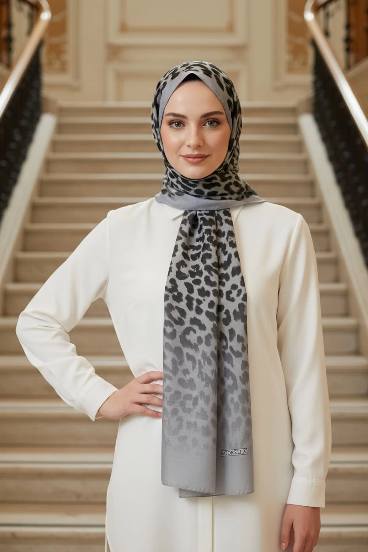 Sahra - Leopar Desen Şal - Gri