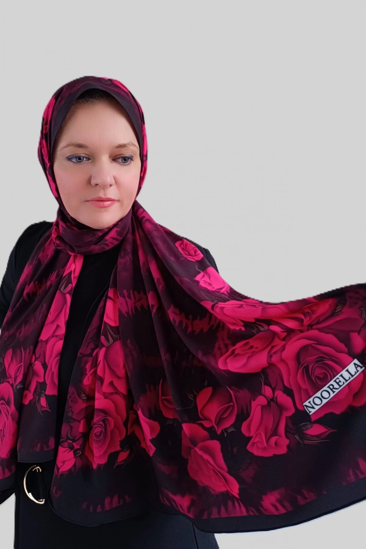 Velda Gül Desenli Şal - Fuşya