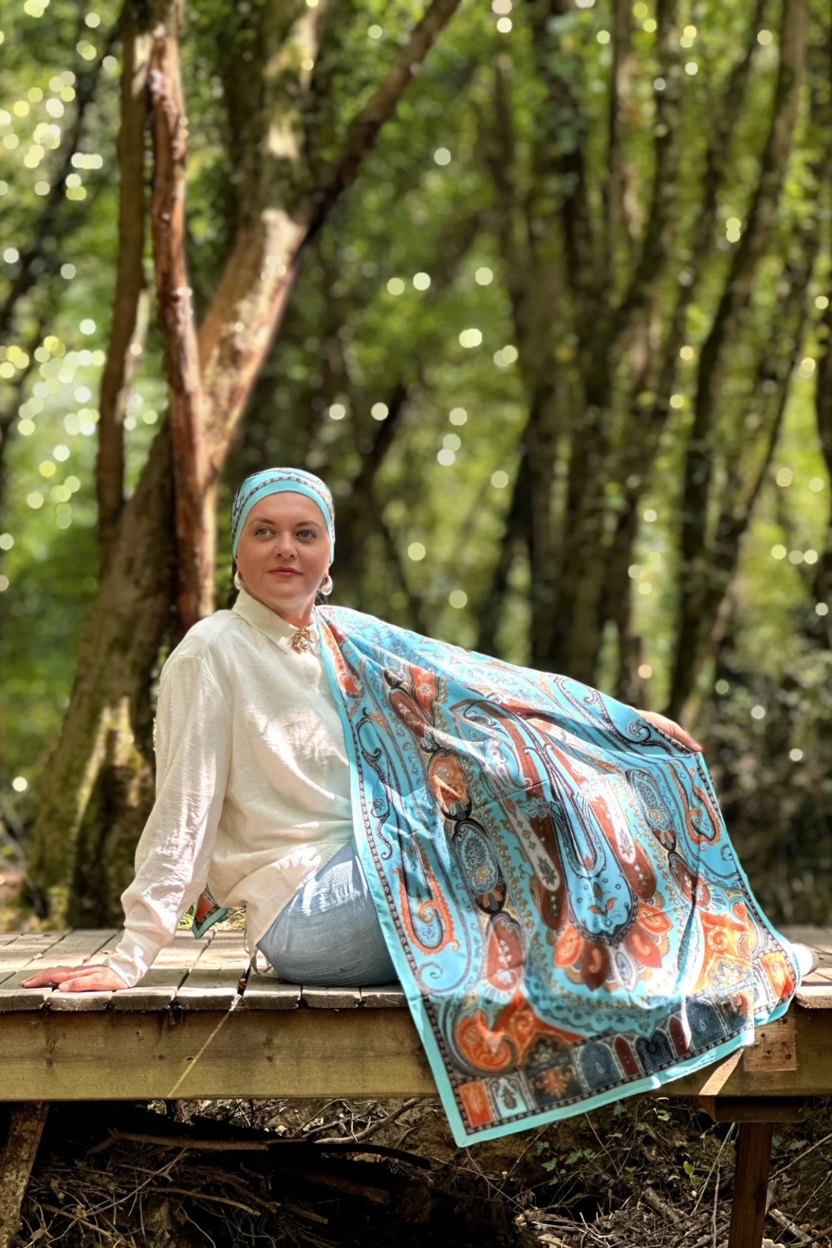 Velero - Retro Desen Şal - Turkuaz