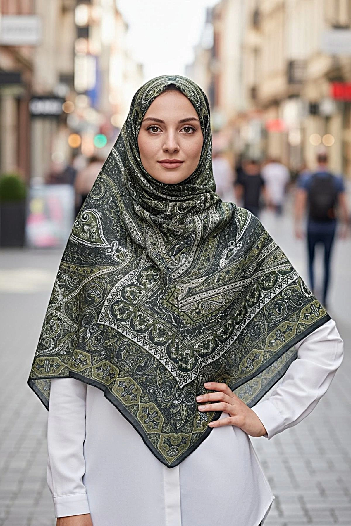 Yankı - Retro Desen Şal - Haki