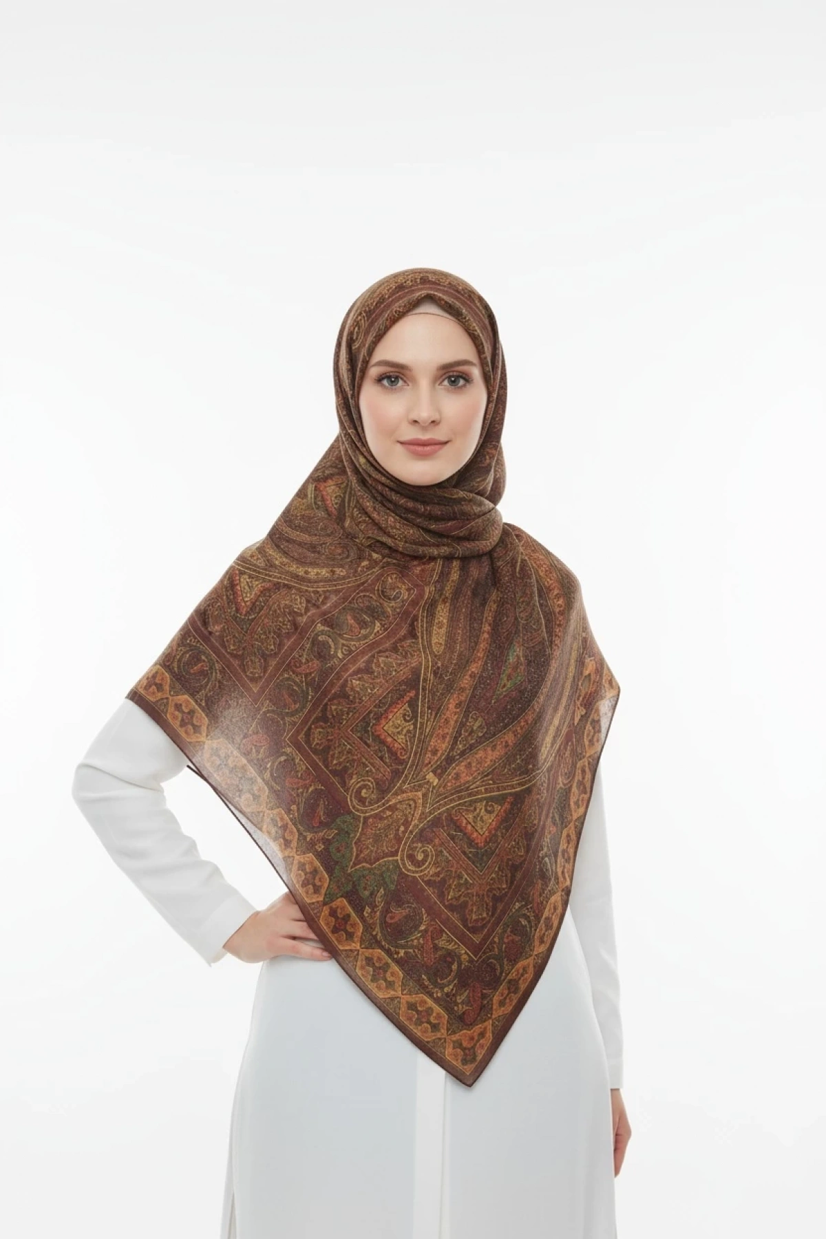 Yankı - Retro Desen Şal - Kahverengi