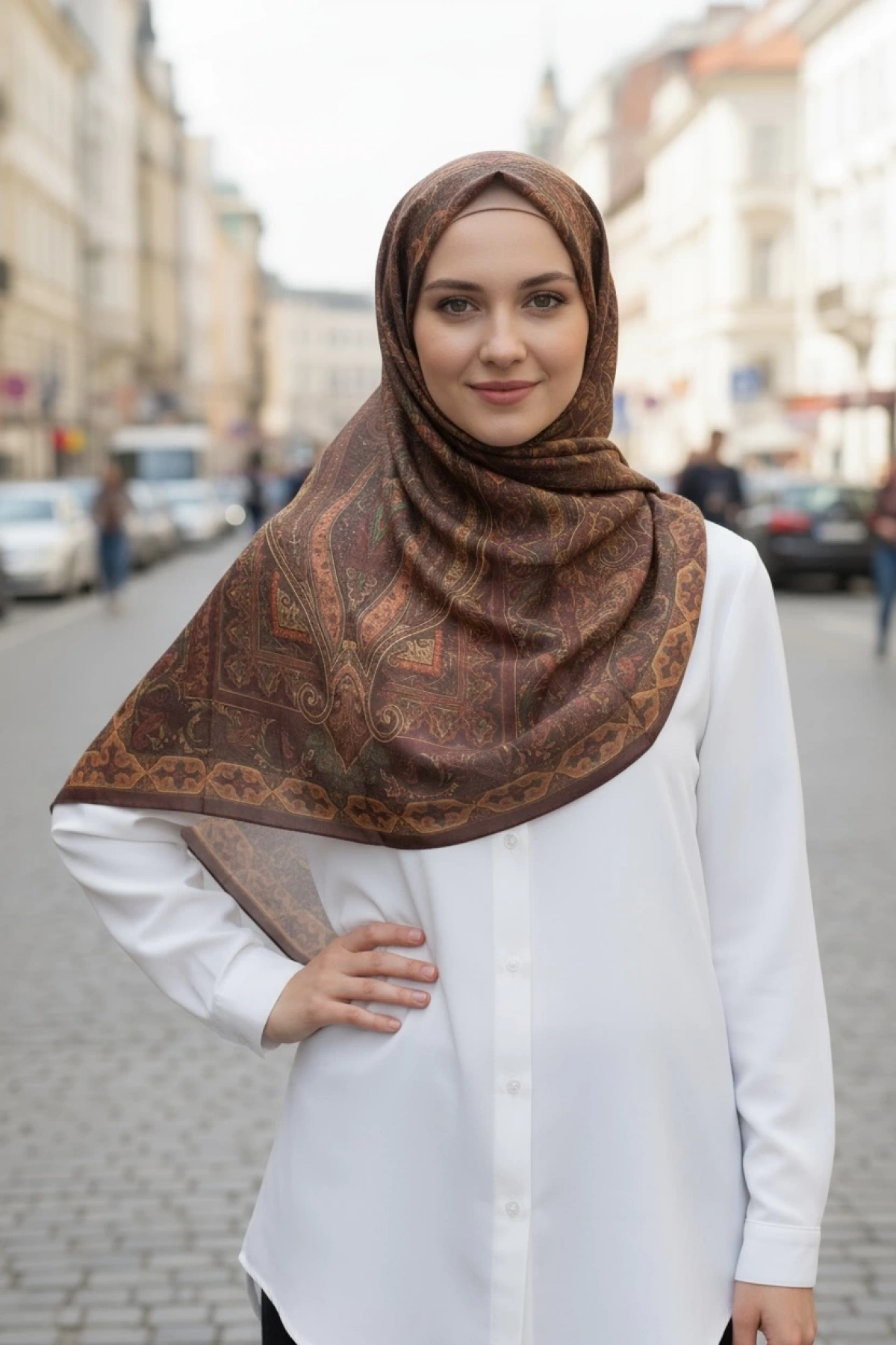 Yankı - Retro Desen Şal - Kahverengi