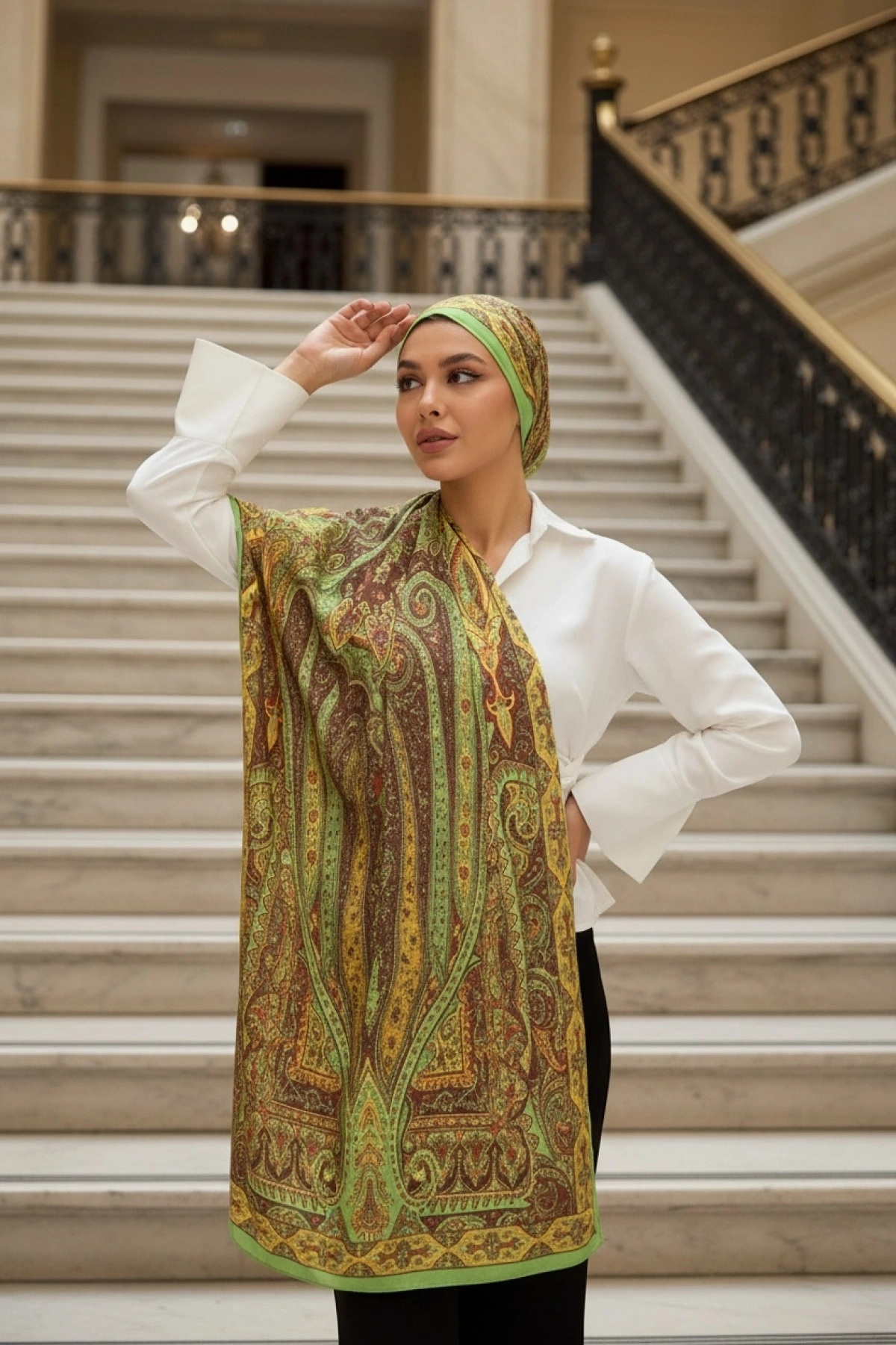 Yankı - Retro Desen Şal - Yeşil