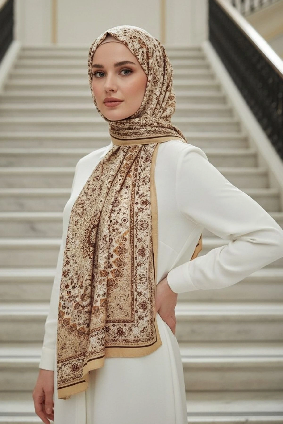 Zamira - Etnik ve Floral Desenli Şal - Bej