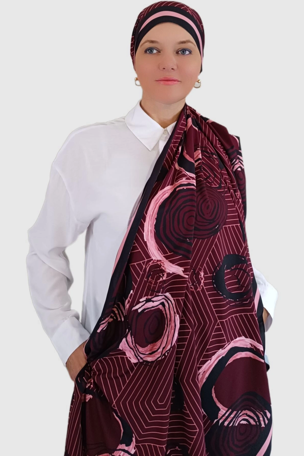 Zerun – Spiral ve çizgisel desenli şal - Bordo