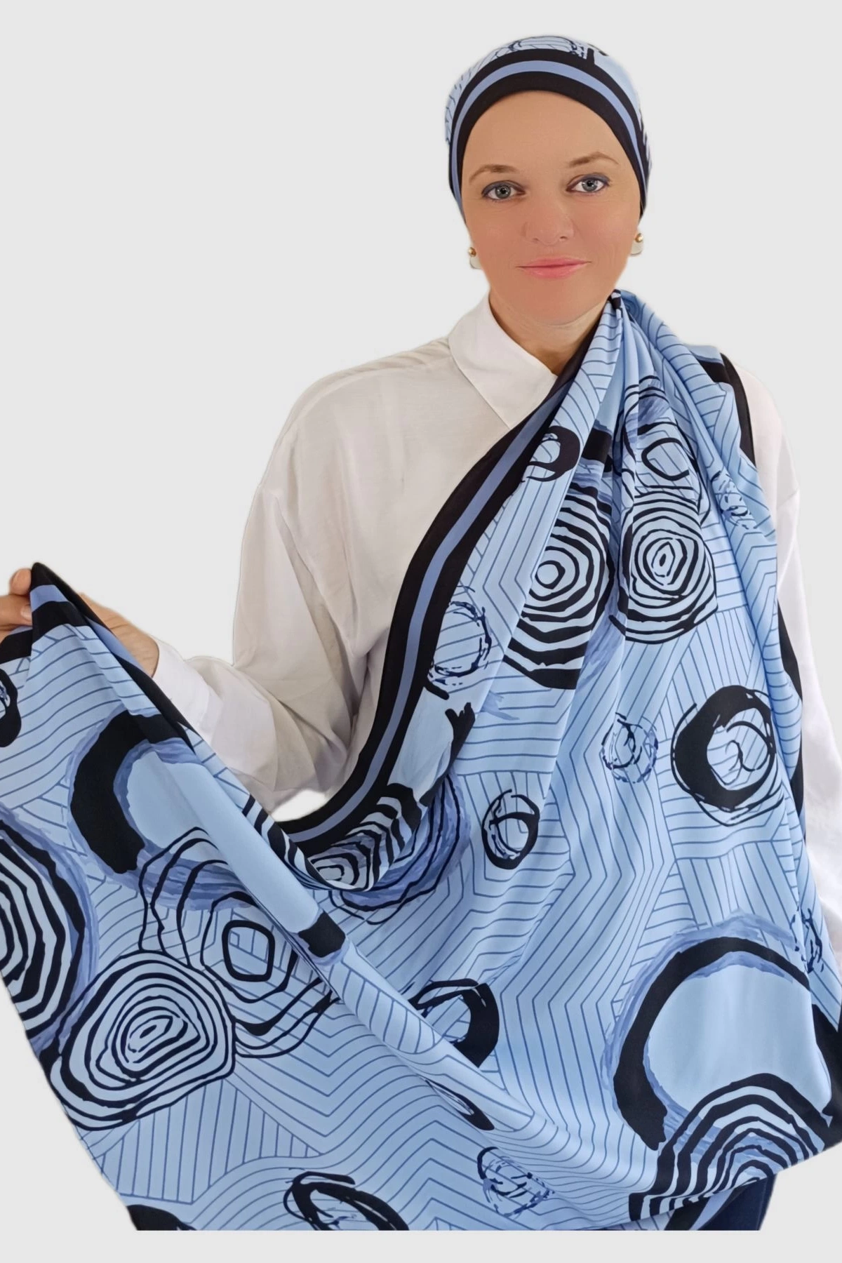 Zerun – Spiral ve çizgisel desenli şal - Mavi