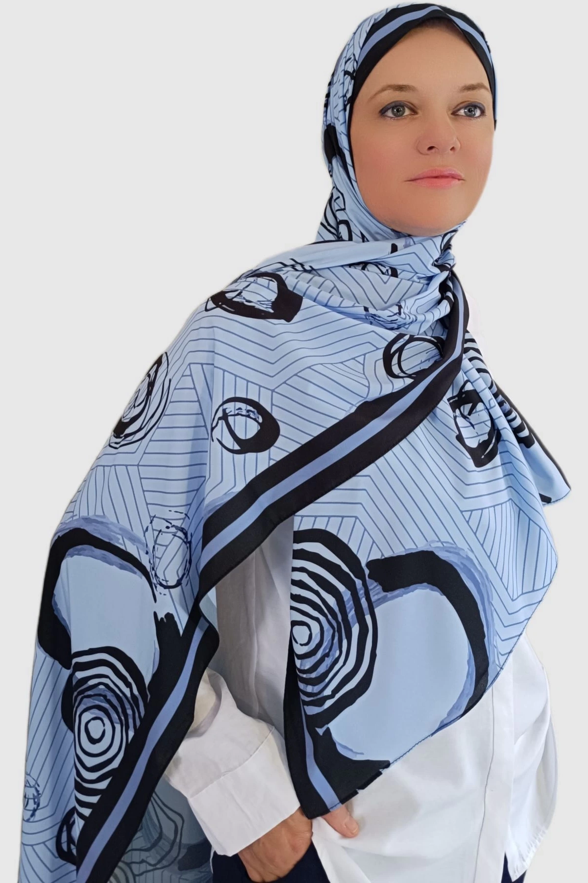 Zerun – Spiral ve çizgisel desenli şal - Mavi