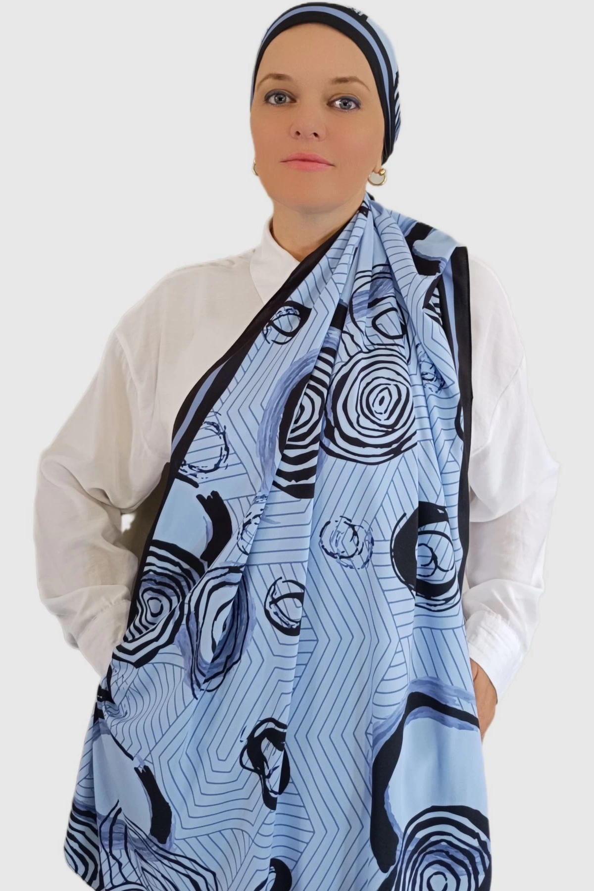 Zerun – Spiral ve çizgisel desenli şal - Mavi