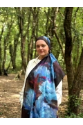 Elya Mavi ve Mor Tonlarda Soyut Floral Desenli Şal - Mavi
