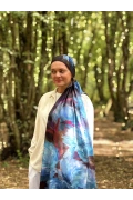 Elya Mavi ve Mor Tonlarda Soyut Floral Desenli Şal - Mavi