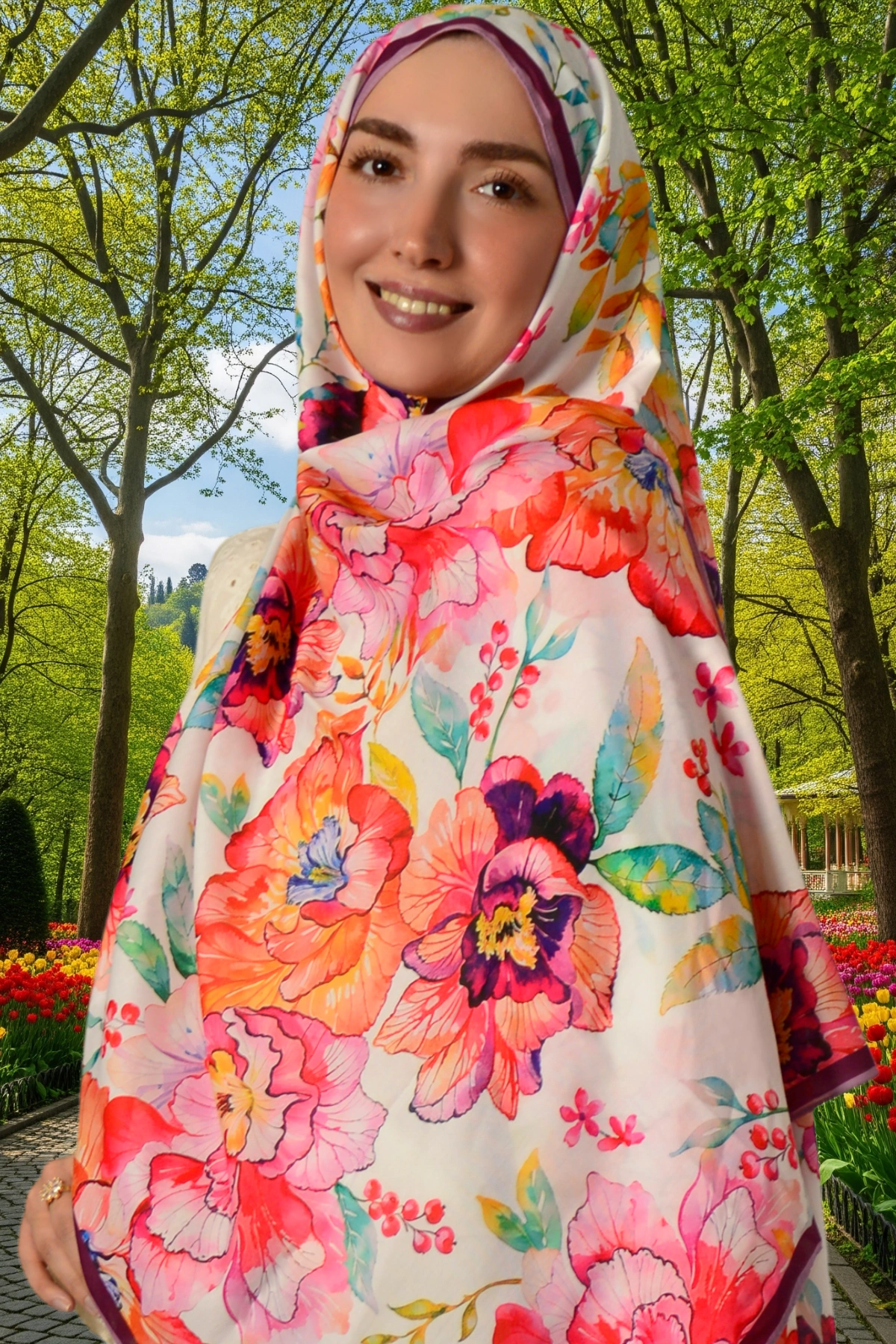 Zerna Siyah Zemin Üzerinde Pembe ve Kırmızı Çiçekli Şal- Ekru