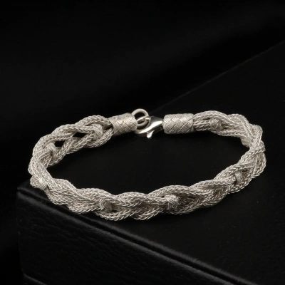 1000 Ayar Kazaziye Toplu Örgü Beyaz Gümüş Bileklik