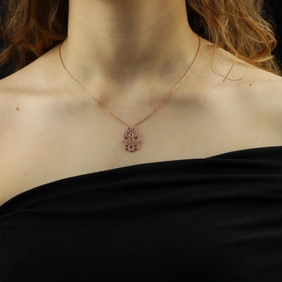 Rose Kaplama Fatma Ana Eli Gümüş Kolye