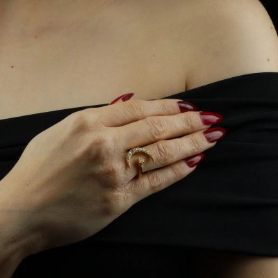 Ay ve Yıldız Figürlü Gold Kaplama Gümüş Yüzük