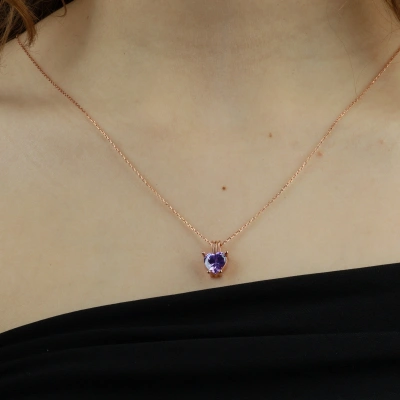 925 Ayar Gümüş Rose Kaplama Mor Kalp Kolye