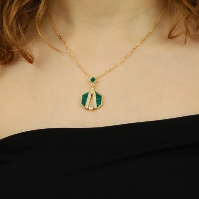 925 Ayar Gümüş Malakit Taşlı Tasarım Kolye