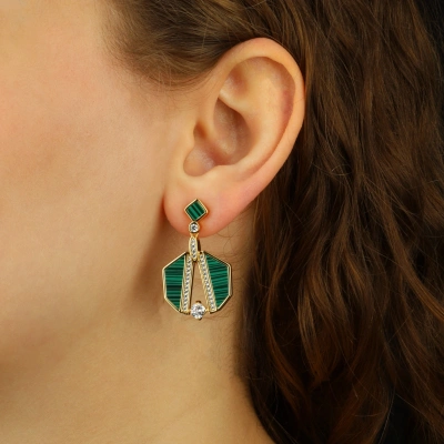 925 Ayar Gümüş Malakit Taşlı Tasarım Küpe