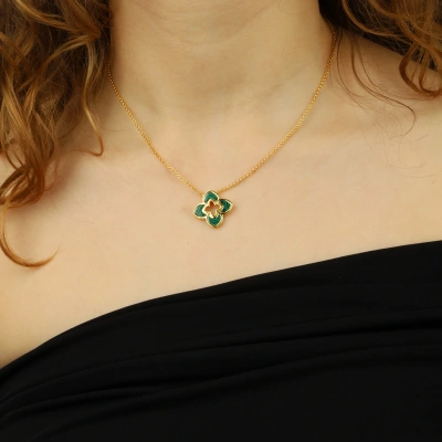 925 Ayar Gümüş Yeşil Malakit Taşlı Yonca Kolye