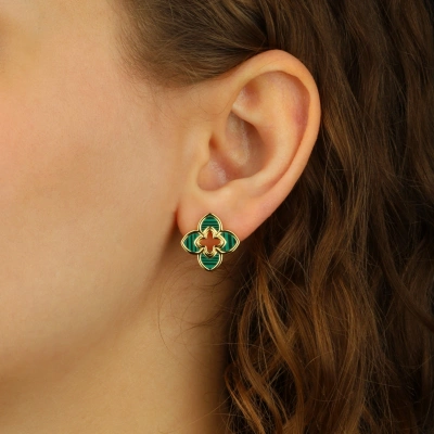 925 Ayar Gümüş Yeşil Malakit Taşlı Yonca Küpe