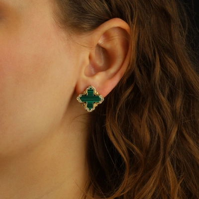 925 Ayar Gümüş Malakit Taşlı Vintage Küpe