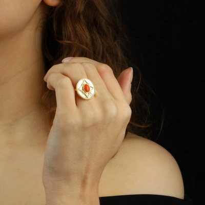 925 Ayar Gümüş Altın Kaplama Sedef Taşlı Yüzük