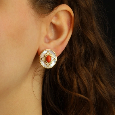 925 Ayar Gümüş Altın Kaplama Sedef Taşlı Küpe