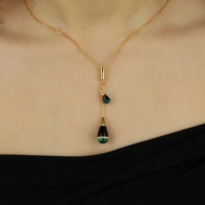 925 Gümüş Altın Kaplama Sallantılı Malakit Taşlı Kolye