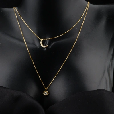 Altın Kaplama Ay ve Kutup Yıldızı Katmanlı 925 Ayar Gümüş Kolye