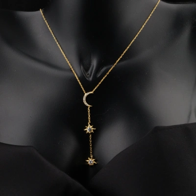 Ay ve Çift Yıldız Sarkıtlı 925 Ayar Gümüş Kolye