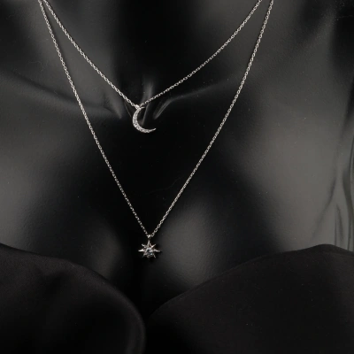 Ay ve Kutup Yıldızı Katmanlı 925 Ayar Gümüş Kolye