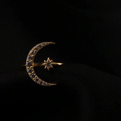 Ay ve Yıldız Figürlü Gold Kaplama Gümüş Yüzük