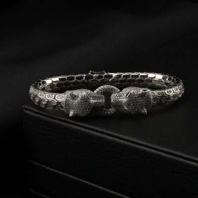 Unisex Gümüş Snake Kaplan Başlı Gümüş Bileklik