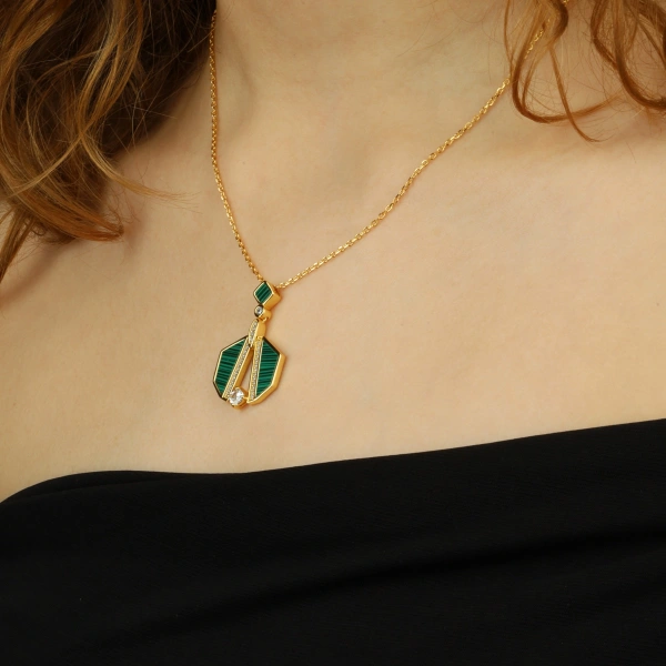 925 Ayar Gümüş Malakit Taşlı Tasarım Kolye