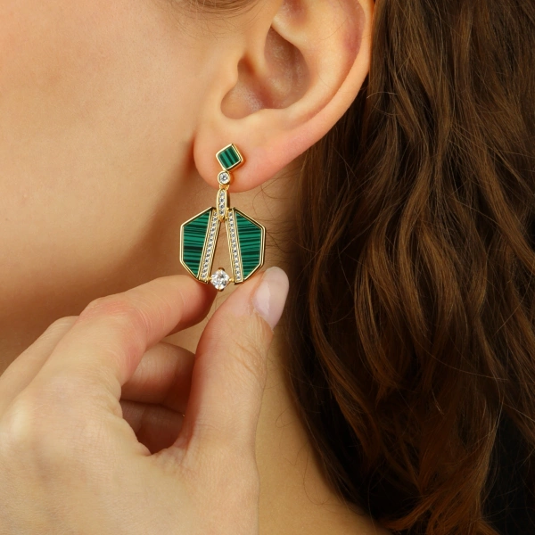 925 Ayar Gümüş Malakit Taşlı Tasarım Küpe