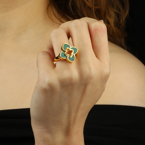 925 Ayar Gümüş Yeşil Malakit Taşlı Yonca Yüzük