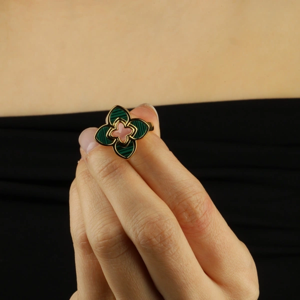 925 Ayar Gümüş Yeşil Malakit Taşlı Yonca Yüzük