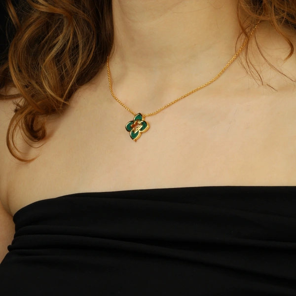 925 Ayar Gümüş Yeşil Malakit Taşlı Yonca Kolye